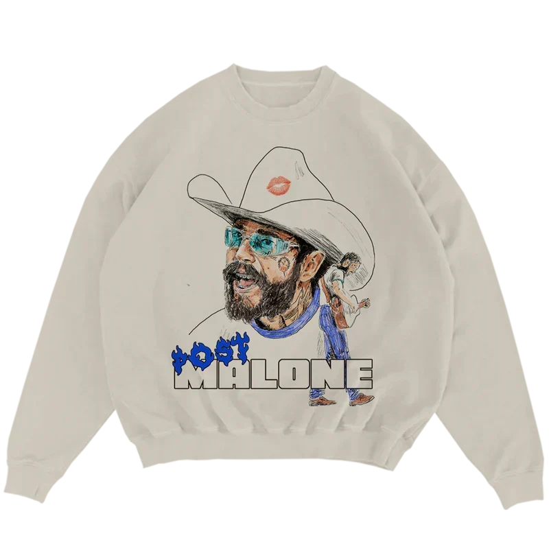 Cream Post Malone crewneck with a cartoon cowboy portrait and blue graffiti Post Malone lettering