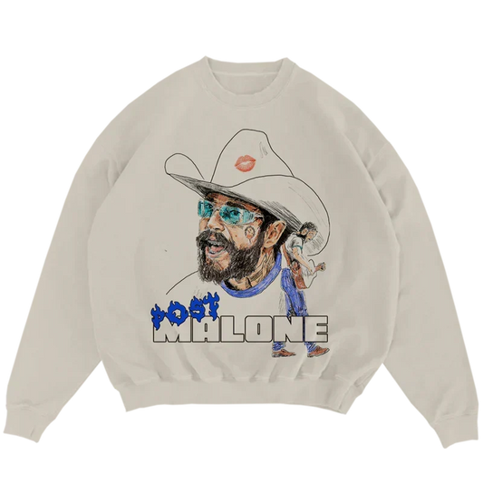 Cream Post Malone crewneck with a cartoon cowboy portrait and blue graffiti Post Malone lettering