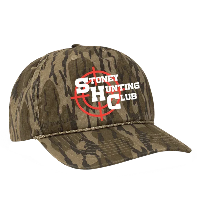 Camo Post Malone Stoney Hunting Club hat with a white target logo and rope detail across the brim