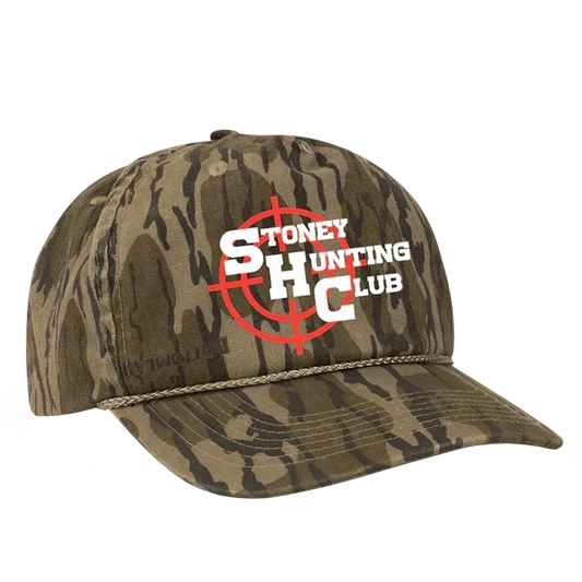 Camo Post Malone Stoney Hunting Club hat with a white target logo and rope detail across the brim