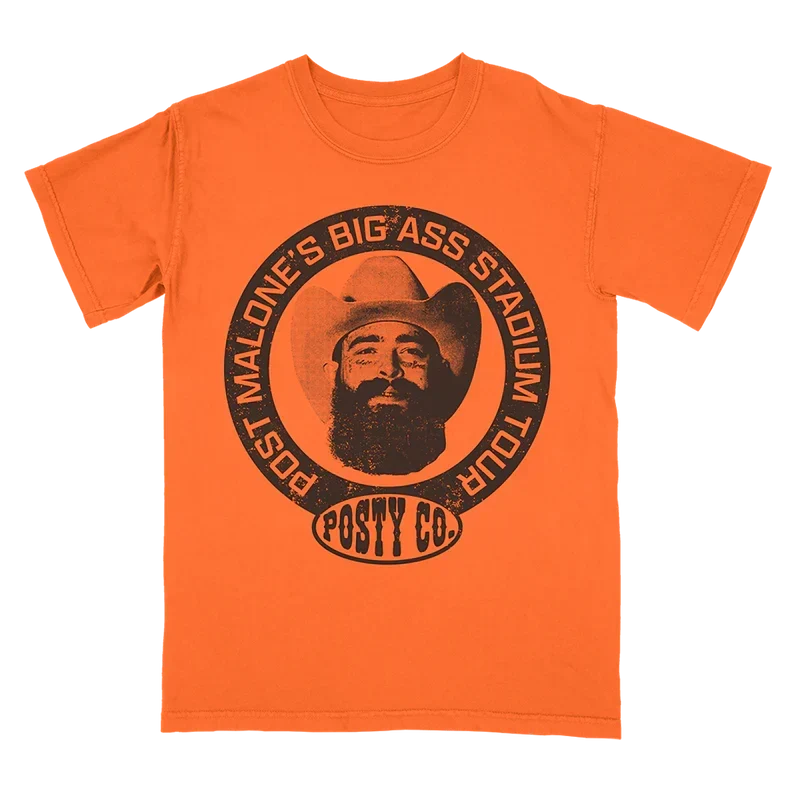 Orange Post Malone circle logo tour tee with a brown Posty Co portrait badge on the chest front