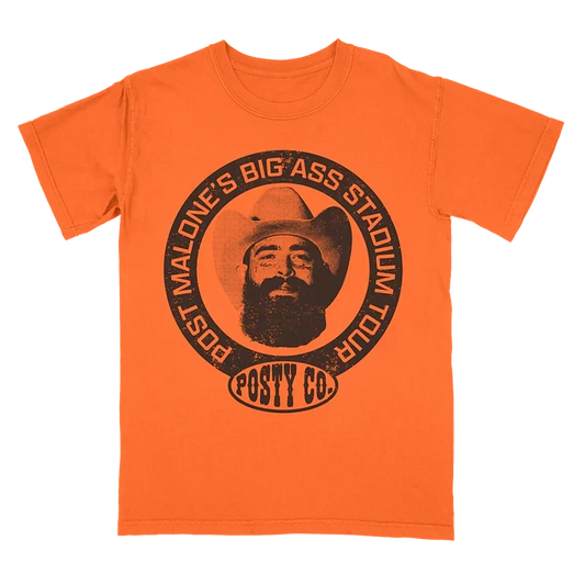 Orange Post Malone circle logo tour tee with a brown Posty Co portrait badge on the chest front