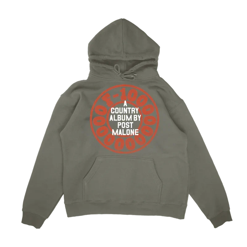 Olive green Post Malone A Country Album hoodie back with a red circular album lettering graphic