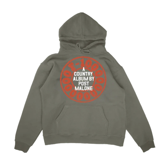 Olive green Post Malone A Country Album hoodie back with a red circular album lettering graphic