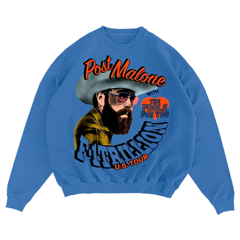 Blue Post Malone F-1 Trillion crewneck with a portrait graphic and With Fools For You tour lettering