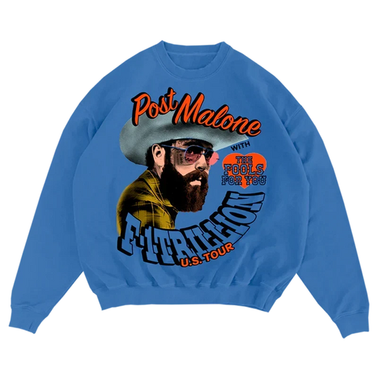 Blue Post Malone F-1 Trillion crewneck with a portrait graphic and With Fools For You tour lettering