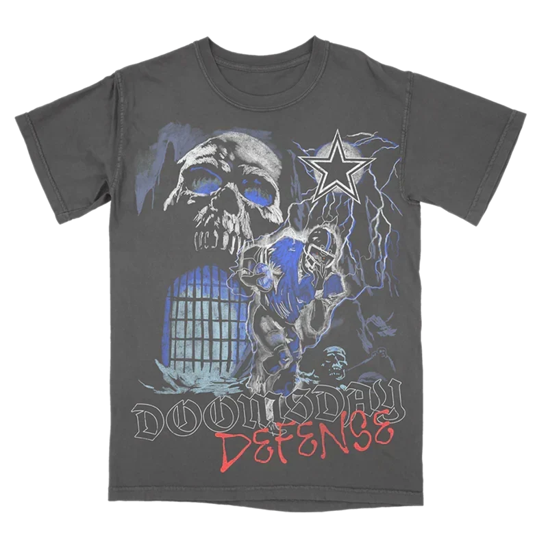 Charcoal Post Malone x Dallas Cowboys tee with a skull and star Doomsday Defense front graphic
