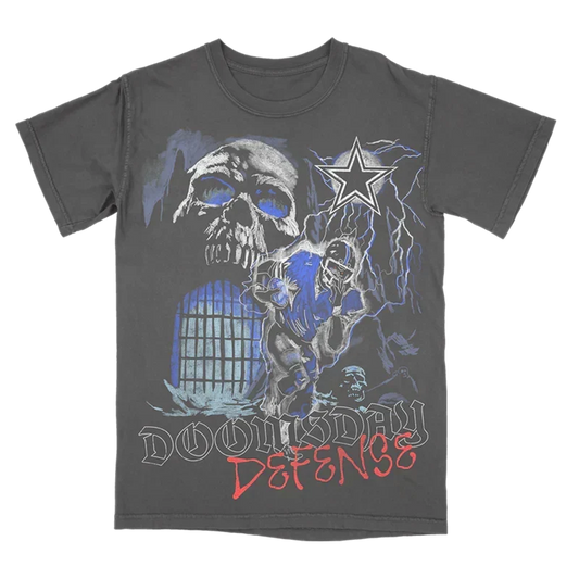 Charcoal Post Malone x Dallas Cowboys tee with a skull and star Doomsday Defense front graphic