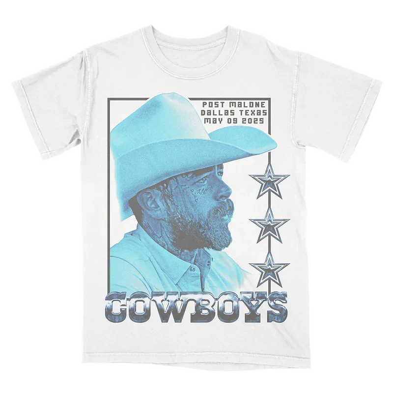 White Post Malone x Dallas Cowboys tee with a blue-toned cowboy hat portrait and Cowboys lettering