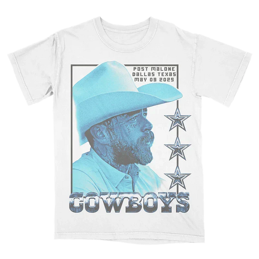 White Post Malone x Dallas Cowboys tee with a blue-toned cowboy hat portrait and Cowboys lettering