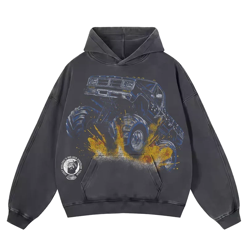 Washed charcoal Post Malone x Dallas Cowboys hoodie with a monster truck graphic and Posty Co patch