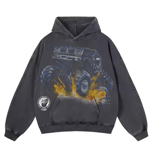 Washed charcoal Post Malone x Dallas Cowboys hoodie with a monster truck graphic and Posty Co patch