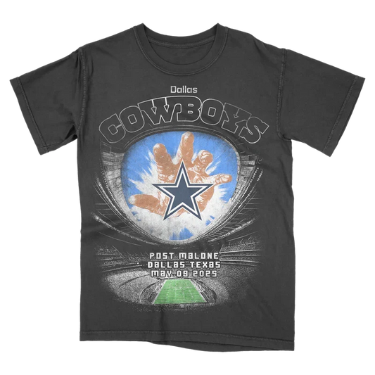 Charcoal Post Malone x Dallas Cowboys tee with a star and stadium graphic and Dallas Texas 2025 text