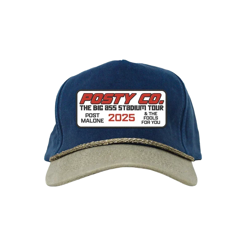 Navy and khaki Post Malone Posty Co rope hat with a red Big Ass Stadium Tour 2025 patch on front