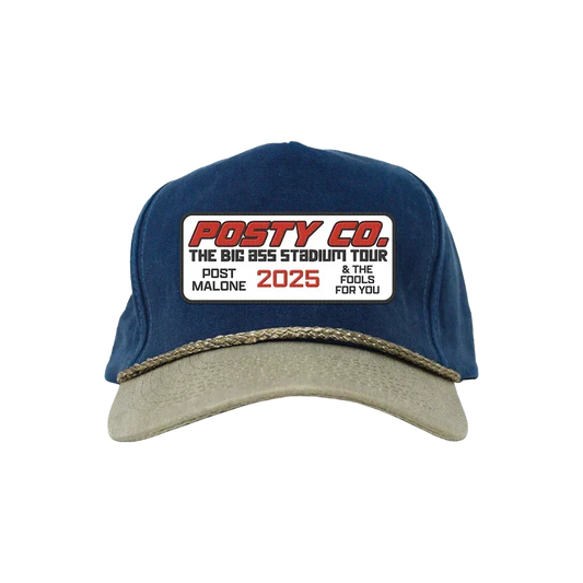 Navy and khaki Post Malone Posty Co rope hat with a red Big Ass Stadium Tour 2025 patch on front