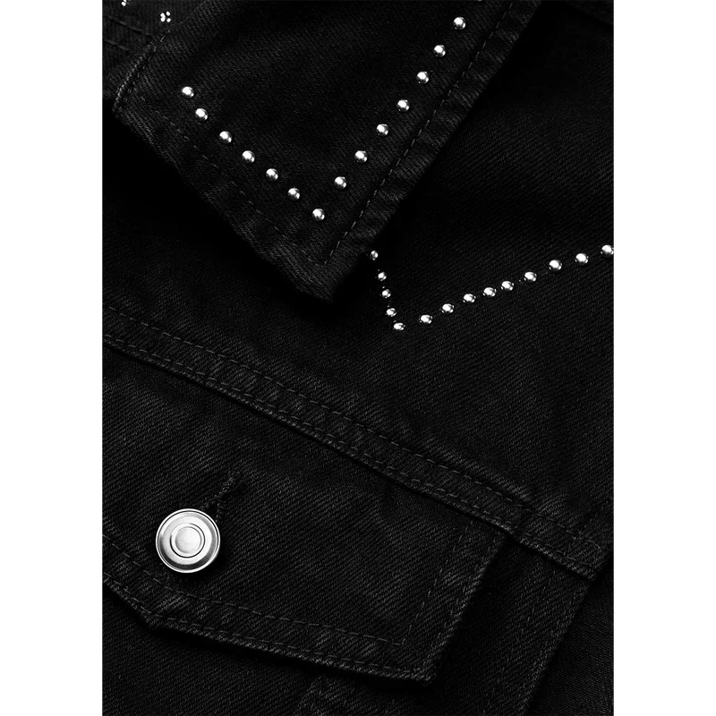 Collar detail of the black Post Malone x Harley-Davidson denim vest showing silver stud placement