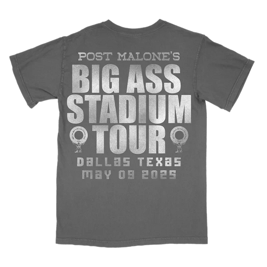 Charcoal Post Malone x Dallas Cowboys tee back with Big Ass Stadium Tour and Dallas Texas 2025 text