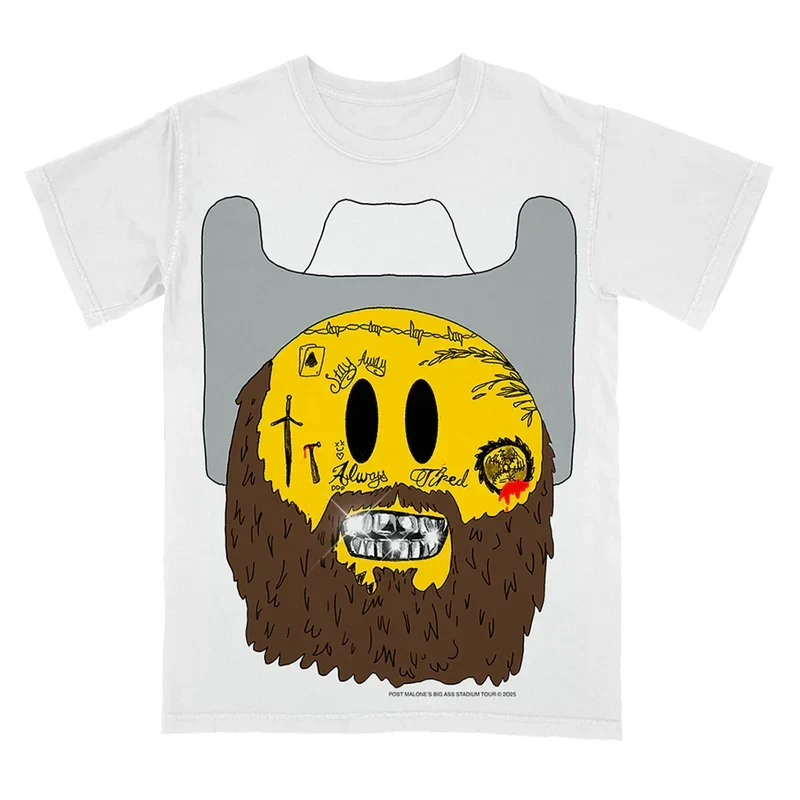 White Post Malone emoji tour tee with a bearded smiley face and grey cowboy hat graphic on the chest
