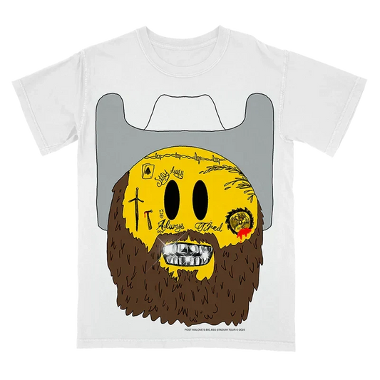White Post Malone emoji tour tee with a bearded smiley face and grey cowboy hat graphic on the chest