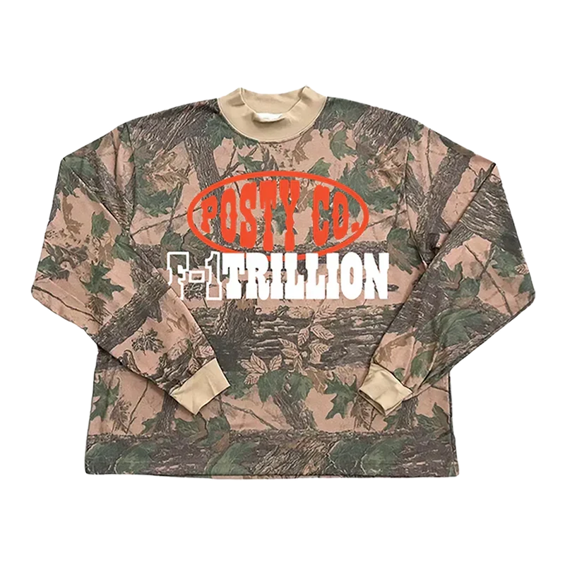 Camo Post Malone F-1 Trillion long sleeve with an orange Posty Co oval and F-1 Trillion lettering