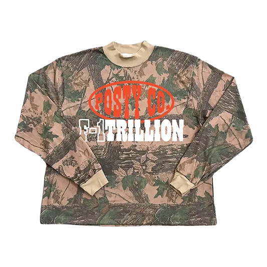 Camo Post Malone F-1 Trillion long sleeve with an orange Posty Co oval and F-1 Trillion lettering
