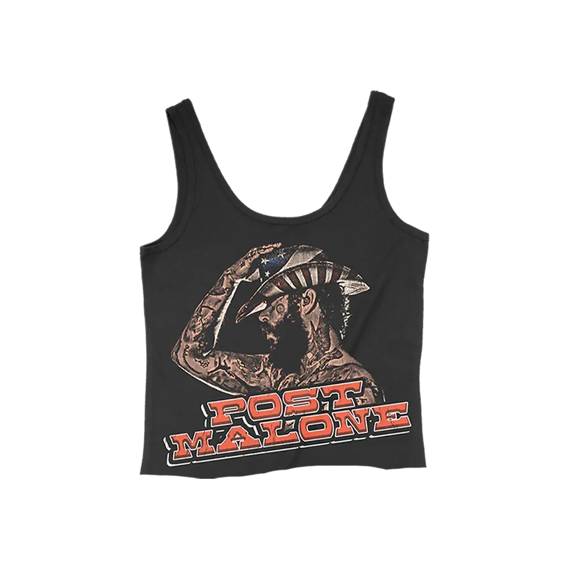Black Post Malone F-1 Trillion cropped tank with a portrait graphic and orange block lettering