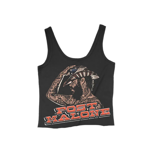 Black Post Malone F-1 Trillion cropped tank with a portrait graphic and orange block lettering