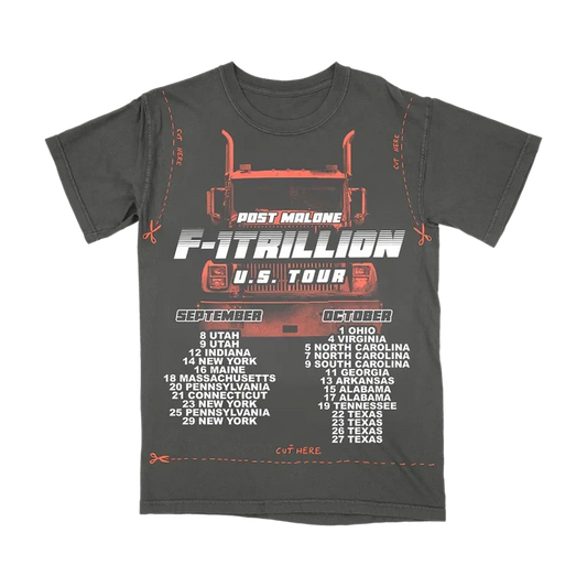 Charcoal Post Malone F-1 Trillion DIY cut out tee with orange US tour lettering and tour dates