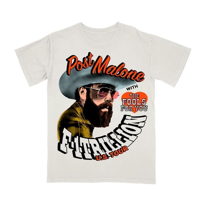 Cream Post Malone F-1 Trillion With Fools tour tee with a cowboy illustration and red arched text