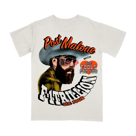 Cream Post Malone F-1 Trillion With Fools tour tee with a cowboy illustration and red arched text