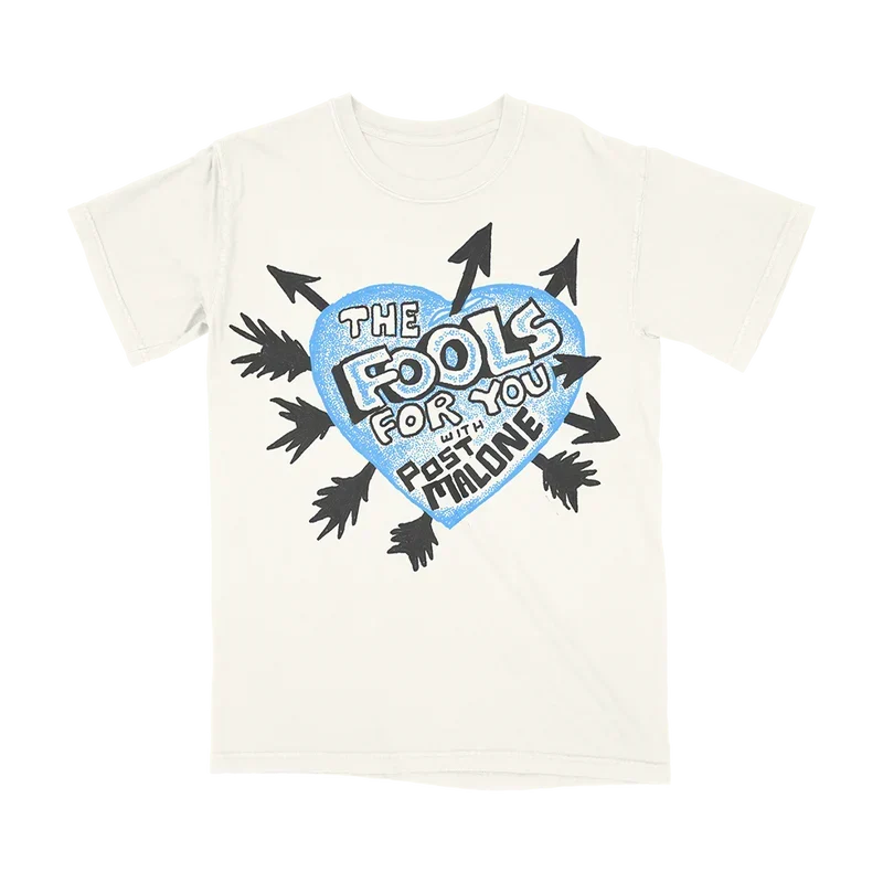 Cream Post Malone F-1 Trillion tee with a blue heart and arrows Fools For You graphic on the chest
