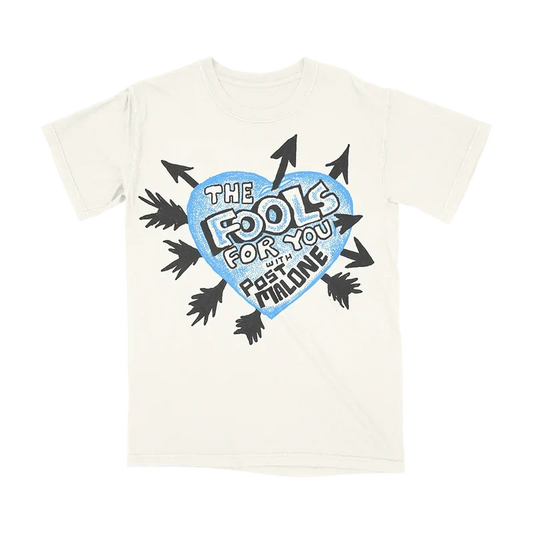 Cream Post Malone F-1 Trillion tee with a blue heart and arrows Fools For You graphic on the chest