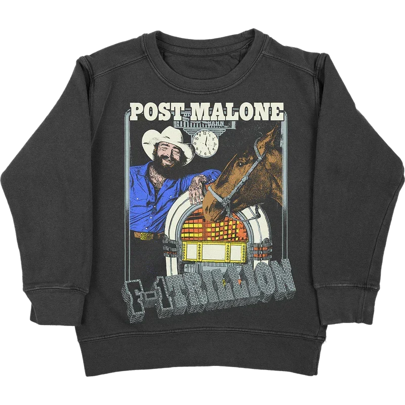 Washed black Post Malone F-1 Trillion crewneck with jukebox and cowboy artwork in blue lettering