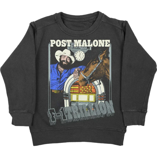 Washed black Post Malone F-1 Trillion crewneck with jukebox and cowboy artwork in blue lettering
