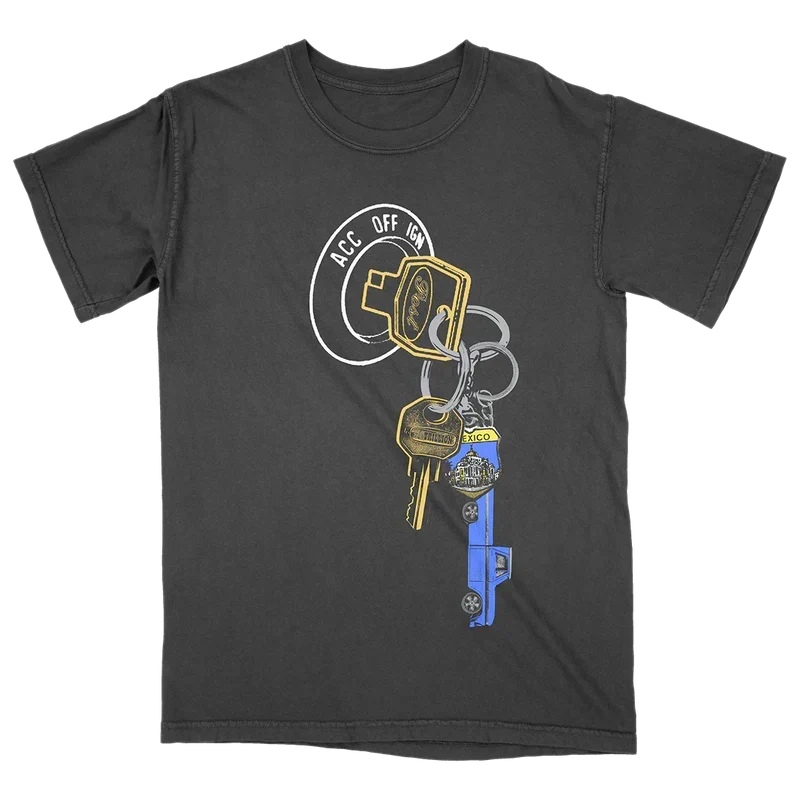 Charcoal Post Malone F-1 Trillion keys tee with a car key and keyring graphic printed on the chest