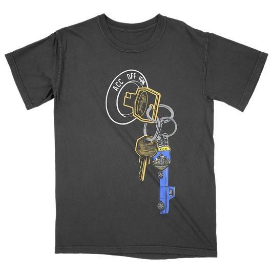Charcoal Post Malone F-1 Trillion keys tee with a car key and keyring graphic printed on the chest
