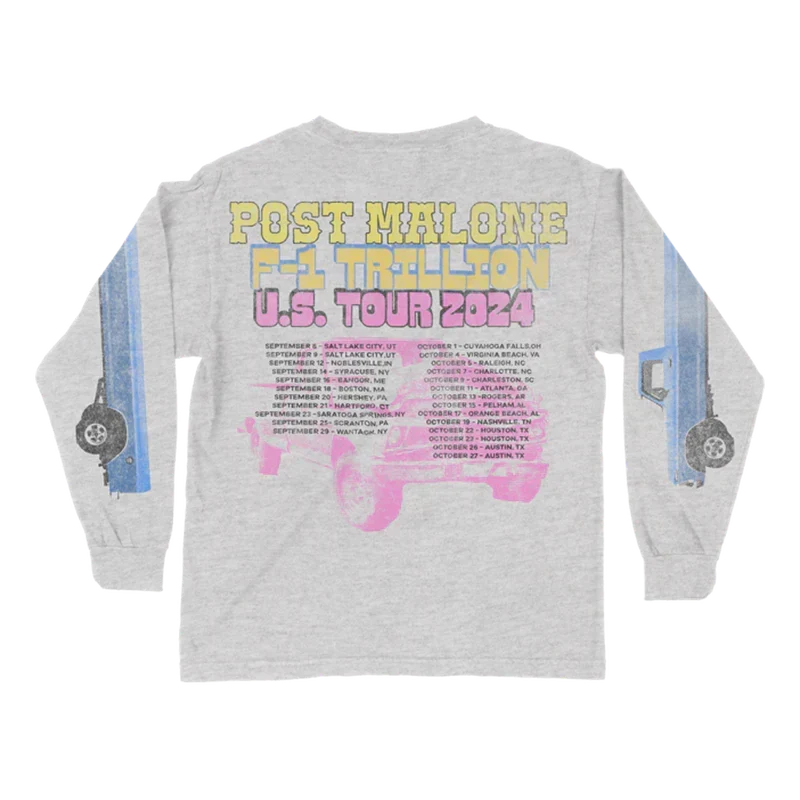 Heather grey Post Malone F-1 Trillion long sleeve back with 2024 US tour lettering and tour dates