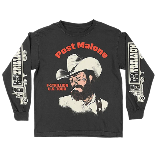 Black Post Malone F-1 Trillion tour long sleeve with a cowboy illustration and red script lettering