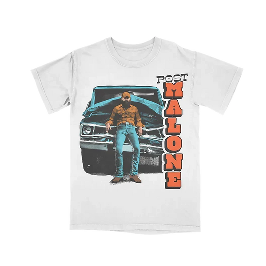 White Post Malone F-1 Trillion truck tee with a photo beside a blue car and orange block lettering