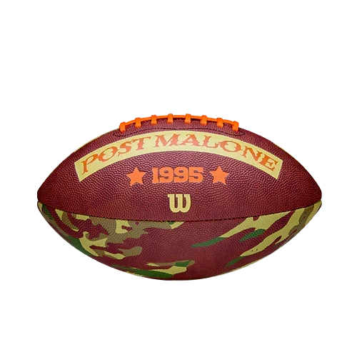 Angled view of the camo Wilson x Post Malone football with Post Malone 1995 lettering and laces