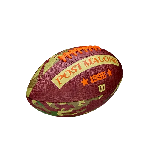 Tilted view of the camo Wilson x Post Malone football with Post Malone 1995 and Wilson branding