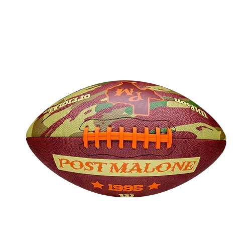 Camo Wilson x Post Malone tailgate football with a cream Post Malone banner and 1995 star detail