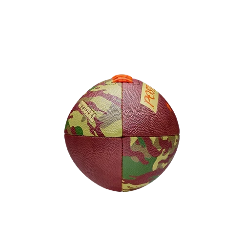 End-on view of the camo Wilson x Post Malone tailgate football showing the panel stitching