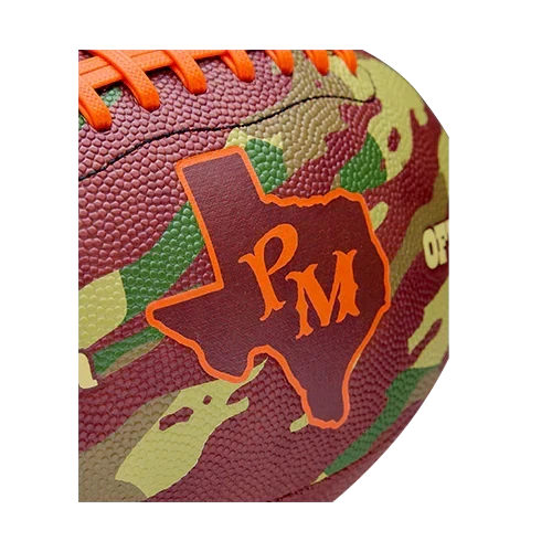Close-up of the orange Texas outline and PM monogram on the camo Wilson x Post Malone football