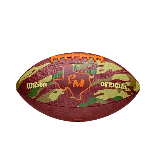 Camo Wilson x Post Malone football with an orange Texas outline, PM monogram and official Wilson mark