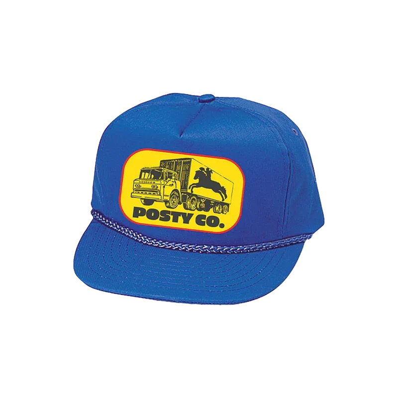 Blue Post Malone Posty Co hat with a yellow truck patch and gold rope detail across the brim