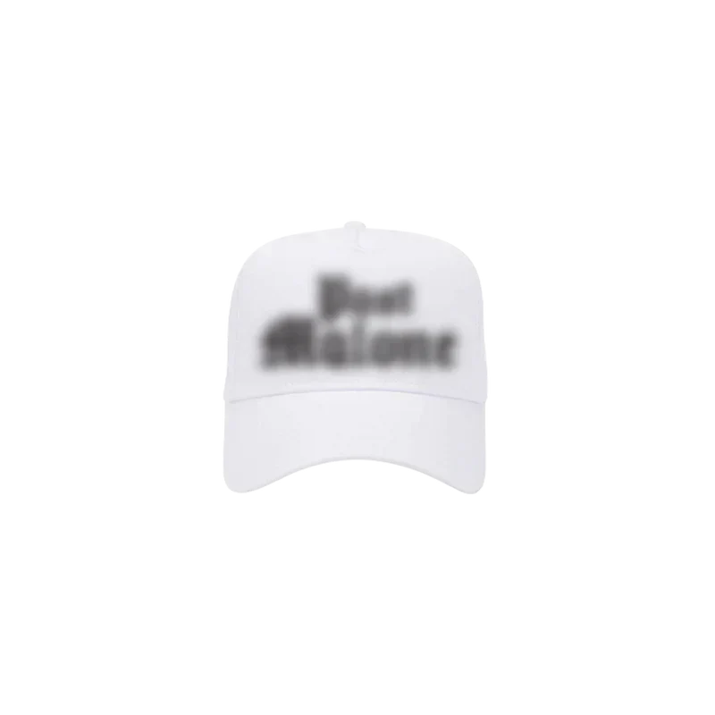 White Post Malone Too Young hat with red embroidered Post Malone lettering on the front panel