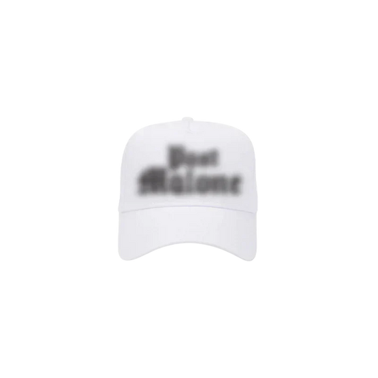 White Post Malone Too Young hat with red embroidered Post Malone lettering on the front panel