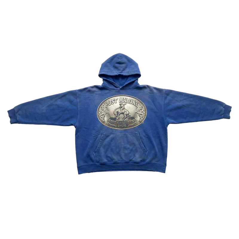 Blue washed Post Malone Live In The Desert hoodie with a large silver belt buckle graphic on front