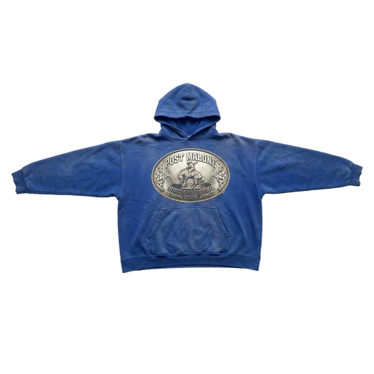 Blue washed Post Malone Live In The Desert hoodie with a large silver belt buckle graphic on front